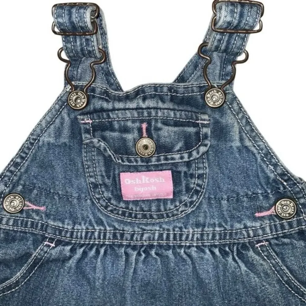 Vintage OshKosh B'gosh Denim Overall Dress Toddler Girls Pink Trim 6m